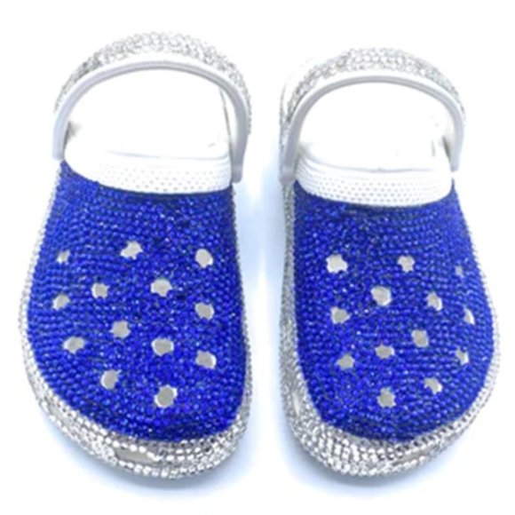 Shoes - Bling Royal Blue and Silver Rhinestones Studded Customized White Clogs Adults